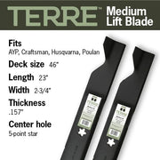 Terre Products, 2 Pack Medium Lift Lawn Mower Blades, 46 Inch Cut, Compatible with Craftsman, Husqvarna, Poulan, AYP, Replacement for 33266, 403107, 405380, 532405380 - Grill Parts America