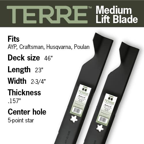 Terre Products, 2 Pack Medium Lift Lawn Mower Blades, 46 Inch Cut, Compatible with Craftsman, Husqvarna, Poulan, AYP, Replacement for 33266, 403107, 405380, 532405380 - Grill Parts America