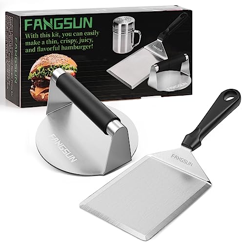 FANGSUN Smashed Burger Press Kit, Stainless Steel Burger Smasher & Grill Spatula for Outdoor Cooking, 5.8” Hamburger Press & 5" BBQ Spatula, Griddle Accessories Kit for Flat Griddle, Grilling Gift - Grill Parts America