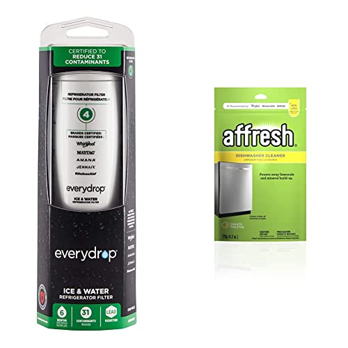 everydrop by Whirlpool Ice and Water Refrigerator Filter 4, EDR4RXD1, Single-Pack & Affresh Dishwasher Cleaner, Helps Remove Limescale and Odor-Causing Residue, 6 Tablets - Grill Parts America