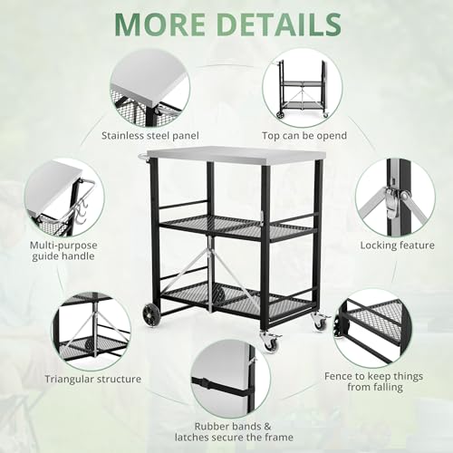 LUE BONA Foldable Outdoor Grill Cart with 2 Total Lock Casters, Stainless Steel Pizza Oven Stand, Rolling BBQ Table and 3 Shelf Folding Kitchen Island, Black - Grill Parts America