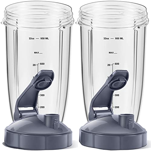 Meet Juice 2-Pack Replacement Parts Upgrade 32oz Cups with Flip-Top To-Go-Lid and Rubber Gaskets Compatible with Nutribullet 600w/900w Blender