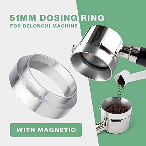 51 mm coffee strainer with filter basket and wooden handle, replacement compatible with Delonghi EC680 EC685 coffee machines + magnetic espresso funnel for strainer, dispensing ring 51 mm - Kitchen Parts America