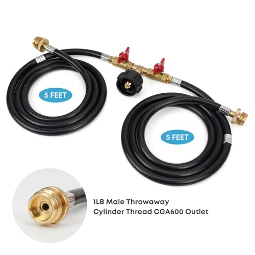 Stanbroil 5 Feet Propane Hose with QCC1 / Type1 Fitting, 2 Way Y Splitter Hose with Shut Off Valve Perfect for Camping, Heater, Grill, Stove - Grill Parts America