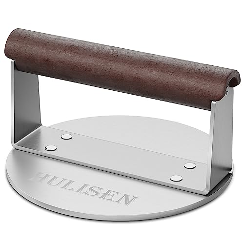 HULISEN Stainless Steel Burger Press, Heavy Weight Smashed Burger Press,  Grill Press with Heat Resistant Wood Handle, 6 Inch Burger Smasher, BBQ