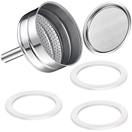 Moka Express Replacement Funnel Kits, 3 Packs Replacement Gasket Seals, 1 Stainless Steel Replacement Funnel with 1 Pack Stainless Filter Replacement (6-Cup) - Kitchen Parts America