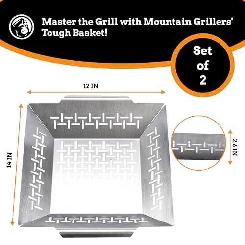 Mountain Grillers Veggie Grill Baskets Set of 2 - Heavy Duty Vegetable Grilling Basket also for Fish Meat and Shrimp - Suitable for All Grills BBQ & Smokers - Stainless Steel - 12 Inch - Grill Parts America