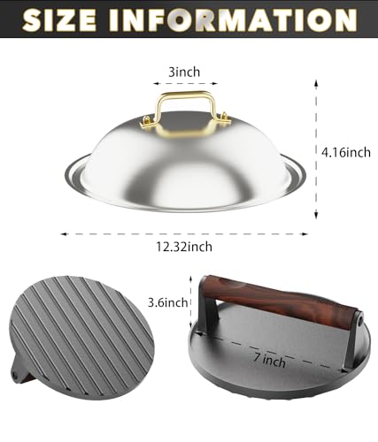 Griddle Accessories for Blackstone, 12-inch Melting Dome Stainless Steel Basting Cover and 7.28'' Cast Iron Burger Press - Griddle Accessories for Flat Top Grill, Perfect for Indoor and Outdoor - Grill Parts America