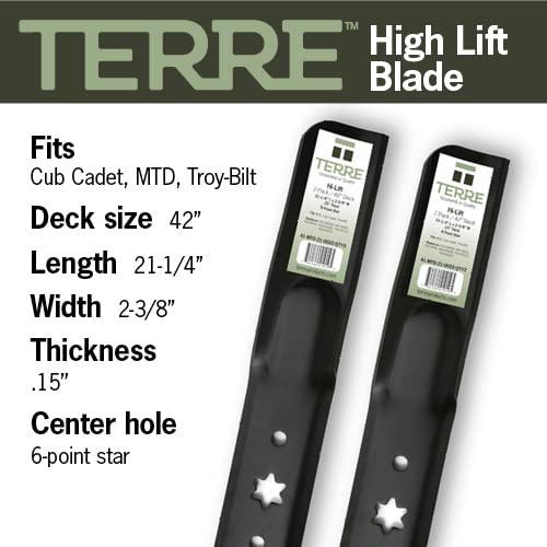 Terre Products, 2 Pack, High Lift Lawn Mower Blades, 42 Inch Deck, Compatible with Cub Cadet RZT, XT1, XT2, 942-04308, 942-04312, Troy Bilt 742-04308, 742-04312, Craftsman LT1000, LT2000, LT3000 - Grill Parts America