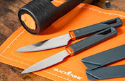 Blackstone 5433 Knife Roll Kit 1 Silicone Prep Mat, Integrated Salt and Pepper Shaker, 1 Large Prep Knife, 1 Small Prep Knife, 1 Containment Tube, Stainless Steel, Chef Travel Roll Bag/Case Orange - Grill Parts America