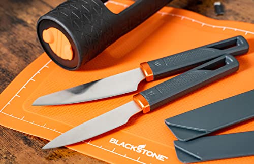 Blackstone 5433 Knife Roll Kit 1 Silicone Prep Mat, Integrated Salt and Pepper Shaker, 1 Large Prep Knife, 1 Small Prep Knife, 1 Containment Tube, Stainless Steel, Chef Travel Roll Bag/Case Orange - Grill Parts America