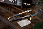 Blackstone 5294 Foldable 2 Piece Hamburger Spatula Flipper and 1 BBQ Tong-Flex Fold Model Stainless Steel-Easy to Carry and Clean Griddle Accessories Tool Set, Black, Orange - Grill Parts America