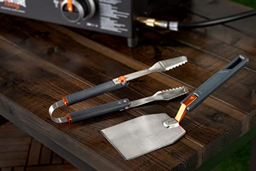 Blackstone 5294 Foldable 2 Piece Hamburger Spatula Flipper and 1 BBQ Tong-Flex Fold Model Stainless Steel-Easy to Carry and Clean Griddle Accessories Tool Set, Black, Orange - Grill Parts America