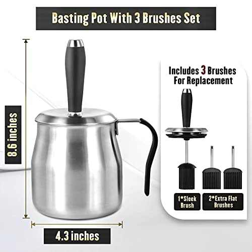 BBQ Basting Pot with 3 Basting Brushes Set,Airtight Stainless Steel Barbecue Sauce Pot,Silicone BBQ Brushes for Sauce,BBQ Grilling Gifts for Men Dad,BBQ Gadgets Grill Accessories,32oz Large Capacity - Grill Parts America