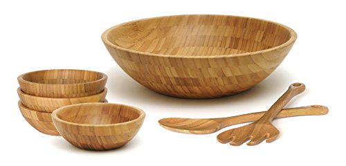 Lipper International Bamboo Wood Salad Bowls with Server Utensils, 7-Piece Set - Grill Parts America