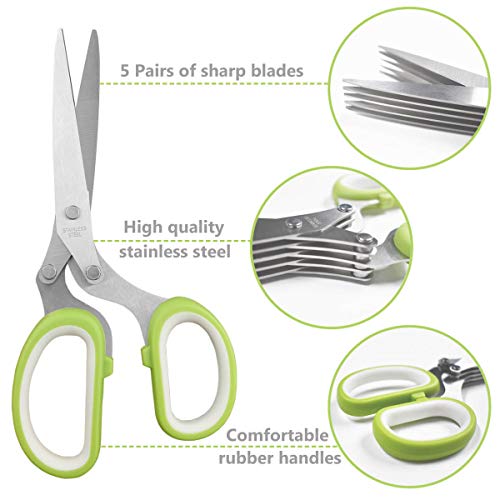 Herb Cutter Scissors 5 Blade Scissors Kitchen Multipurpose Cutting Shear with 5 Stainless Steel Blades & Safety Cover & Cleaning Comb Cilantro Scissors Sharp Shredding Shears Christmas Gift (Green) - Grill Parts America