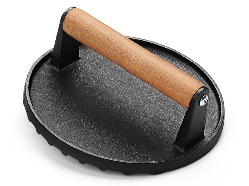 EWFEN Burger Press, 7" Round Heavy-Duty Cast Iron Smash Bacon Press Meat Steak with Wood Handle for Griddle, Sandwich, Nonstick Pan - Grill Parts America