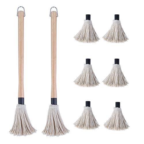 Donxote 18 Inch BBQ Mop Brush Set of 2, with 6 Extra Replacement Heads, Wooden Long Handle Cotton Head Mopping Basting Grill Sauce Perfect for Grilling Smoking Steak Marinade or Glazing - Grill Parts America