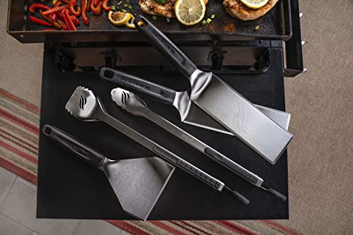 Blackstone 5464 Griddle Tool Kit Outdoor Indoor Grill BBQ Utensils Cooking Accessories-Heat Resistant– 2 Long Spatulas, 2 Angled Scraper Classic Tong, 1 (32oz) Squeeze Bottle, Black, Silver, White - Grill Parts America