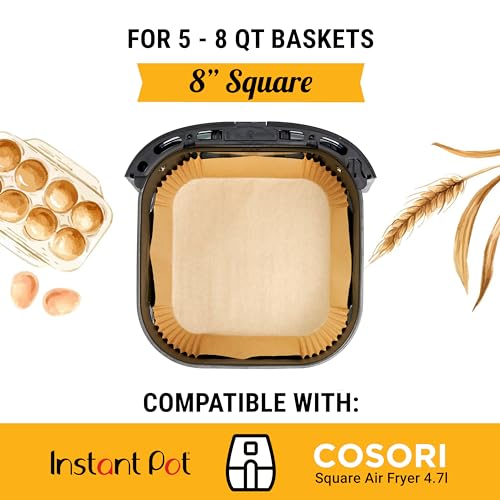 Air Fryer Liners, 120Pcs Disposable Airfryer Parchment Paper Liners – Non-Stick and Oil Proof for Easy Cleanup – 8” Square for 5-8 qt Basket by Baker's Signature - Grill Parts America