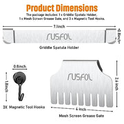 RUSFOL 3-IN-1 Stainless Steel Griddle Spatula Holder with Mesh Screen Grease Gate and 3 Magnetic Hooks for 28"/36" Blackstone Griddles, Flat Top Griddle BBQ Accessories, Free from Drill&Easy install - Grill Parts America