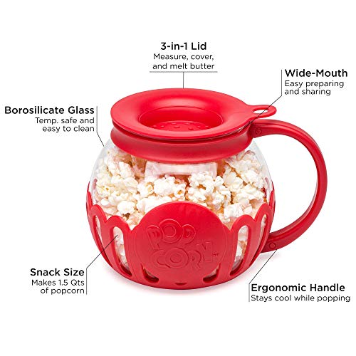 Ecolution Patented Micro-Pop Microwave Popcorn Popper with Temperature Safe Glass, 3-in-1 Lid Measures Kernels and Melts Butter, Made Without BPA, Dishwasher Safe, 1.5-Quart, Red - Grill Parts America
