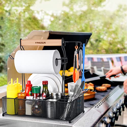 FANGSUN Large Grill Utensil Caddy, Picnic Condiment Caddy, BBQ Organizer for Outdoor Grilling, Camping Caddy with Paper Towel Holder for Plate Cutlery, Grill Accessories Storage for Tailgating, Black - Grill Parts America