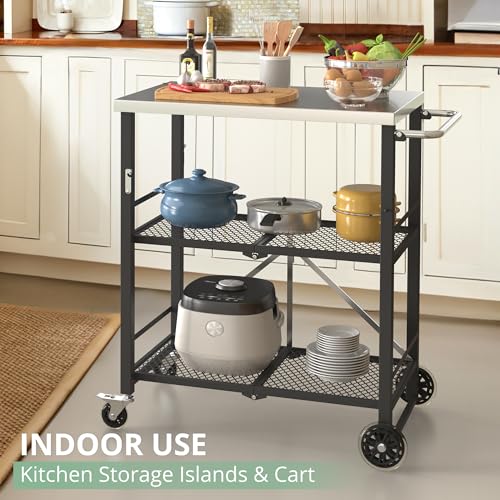 LUE BONA Foldable Outdoor Grill Cart with 2 Total Lock Casters, Stainless Steel Pizza Oven Stand, Rolling BBQ Table and 3 Shelf Folding Kitchen Island, Black - Grill Parts America