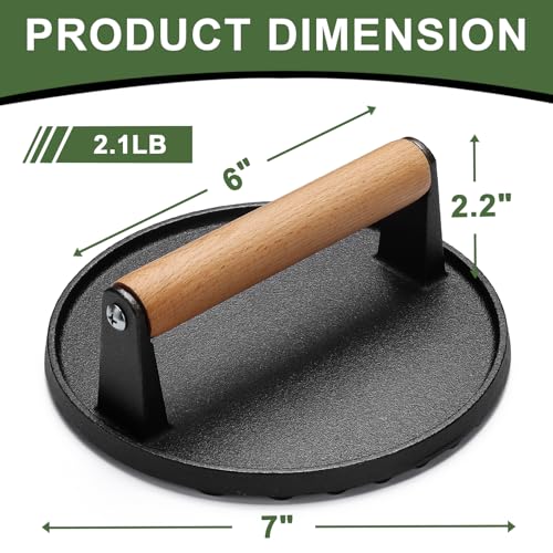 EWFEN Burger Press, 7" Round Heavy-Duty Cast Iron Smash Bacon Press Meat Steak with Wood Handle for Griddle, Sandwich, Nonstick Pan - Grill Parts America