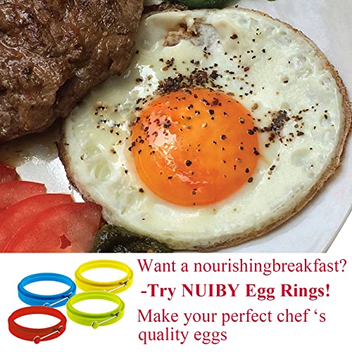 Silicone Egg Rings Round - NUIBY Non Stick Fried Egg Mold - Pancakes Maker Molds - Breakfast Egg Sandwich Cooker Maker - 4 Pack 4 Color, with Bonus 1 Spray Brush or 2 Egg Poachers or Both - Grill Parts America