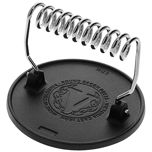 Victoria Round Cast Iron Meat Press with a Wire Handle, Preseasoned with Flaxseed Oil, Made in Colombia - Grill Parts America