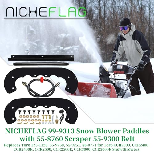 NICHEFLAG 99-9313 Snow Blower Paddles with 55-8760 Scraper Blade 55-9300 Belt Replaces 55-9250, 55-9251, 88-0771, 125-1128 for Toro CCR2000, CCR2400, CCR2400E, CCR2400R, CCR2500, CCR3000 Snowthrowers - Grill Parts America