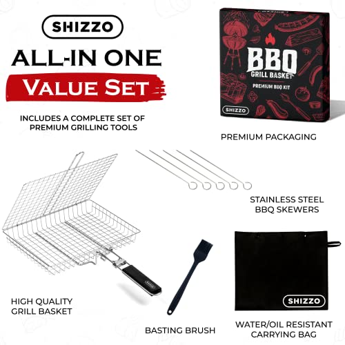 SHIZZO Grill Basket Value Set, Barbecue BBQ Grilling Basket , Stainless Steel Large Folding Grilling baskets With Handle, Portable Outdoor Camping BBQ Rack for Fish, Shrimp, Vegetables, Barbeque Griller Cooking Accessories, Gift, Gifts for father, dad, hu - Grill Parts America