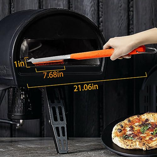 SupMaka Pizza Oven Brush, 22” Pizza Stone Brush - Grill Cleaning Brush with Scraper, Grill Brush Wood Handle & Brass Bristles, Pizza Oven Accessories for Outdoor BBQ, (Vibrant Orange) - Grill Parts America