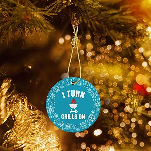 I Turn Grills On Christmas Tree Round Hanging Ornaments Double-Sided Printing Ceramic Ornaments - Grill Parts America
