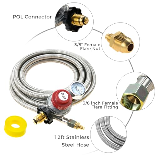12Ft 0-30PSI High Pressure Adjustable Propane Regulator with Gauge, Stainless Steel Braided Hose with 0~60PSI Gas Flow Indicator Fit for Grill, Turkey Fryer, Fire Pit, POL x 3/8" Female Flare Fitting - Grill Parts America