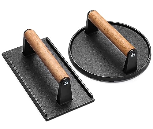 EWFEN Burger Press, 7" Round & 8.2"X4.3" Rectangle Heavy-Duty Cast Iron Smash Bacon Press Meat Steak with Wood Handle for Griddle, Sandwich, Nonstick Pan - Grill Parts America