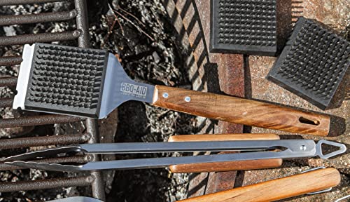 BBQ-Aid Grill Brush and Scraper for Barbecue – Grill Brush for Outdoor Grill with Extended, Large Wooden Handle and Replaceable Stainless Steel Bristles Head –No Scratch- BBQ Grill Brush for Any Grill - Grill Parts America