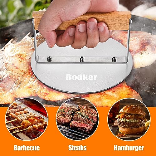 bodkar Smash Burger Press Stainless Steel 6 Inch Round Burger Smasher with Wood Handle, Grill Press Meat Flattener Tool for Flat Top Griddle Grill Cooking - Grill Parts America