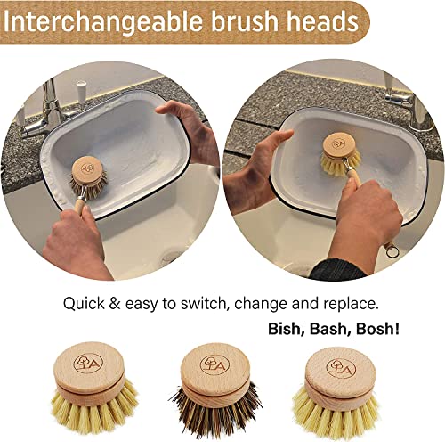 Eco Friendly Dish Brush with Handle - Eco Kitchen Brushes for Dishes - Dish Cleaning Brush Set with 3 Natural Dish Brush Replacement Heads - Eco Cleaning Tools - Agile Home + Garden Eco Friendly Gifts - Grill Parts America