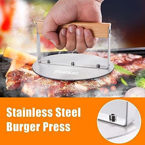 bodkar Smash Burger Press Stainless Steel 6 Inch Round Burger Smasher with Wood Handle, Grill Press Meat Flattener Tool for Flat Top Griddle Grill Cooking - Grill Parts America