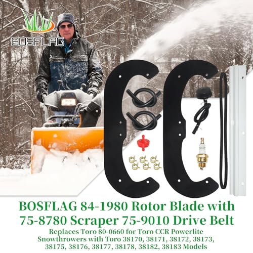 BOSFLAG 84-1980 Snow Blower Paddles with 75-8780 Scraper 75-9010 Belt Replaces 75-9090, 80-0660 for Toro 38182, 38183, 38173, 38170, 38171, 38172, 38175, 38176, 38177, 38178 CCR Powerlite Snowthrowers - Grill Parts America