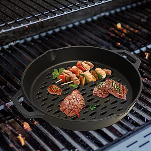 MOASKER 12" Cast Iron Round Grill Basket for Veggie Meat Fish, Dual Handle BBQ Grill Topper for Outdoor Grill, Fit for any Charcoal Smoker & Gas Grills, Nonstick Pan Tray - Grill Parts America