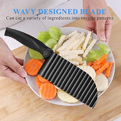 YukaBa Crinkle Potato Cutter 2.9" x 11.8" Stainless Steel Waves French Fries Slicer Handheld Chipper Chopper, Vegetable Salad Chopping Knife Home Kitchen Wavy Blade Cutting Tool, Black - Kitchen Parts America