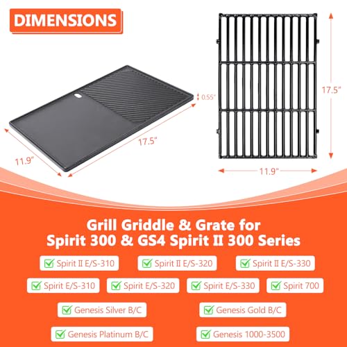 QuliMetal 17.5" Grill Replacement Part for Weber Spirit 300 and GS4 Spirit II 300 Series Grills, Genesis Silver/Gold B & C, Genesis 1000-3500, Reversible Cast Iron 7598 Griddle Plate, 7638 Grill Grate - Grill Parts America
