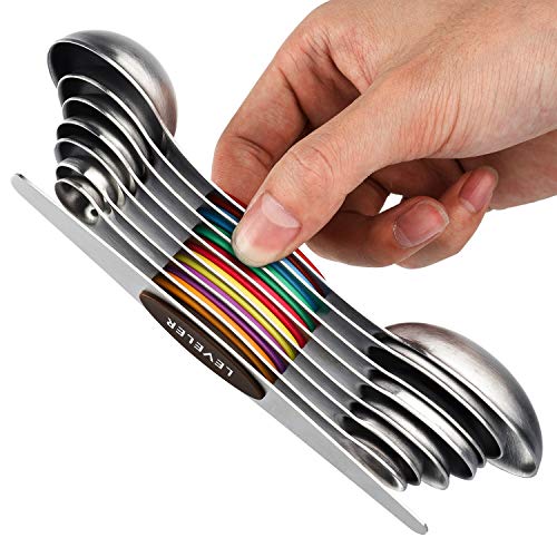 Magnetic Measuring Spoons Set of 8 Stainless Steel Dual Sided Stackable Measuring Spoons Nesting Teaspoons Tablespoons for Measuring Dry and Liquid Ingredients - Grill Parts America