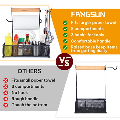 FANGSUN Large Grill Utensil Caddy, Picnic Condiment Caddy, BBQ Organizer for Outdoor Grilling, Camping Caddy with Paper Towel Holder for Plate Cutlery, Grill Accessories Storage for Tailgating, Black - Grill Parts America