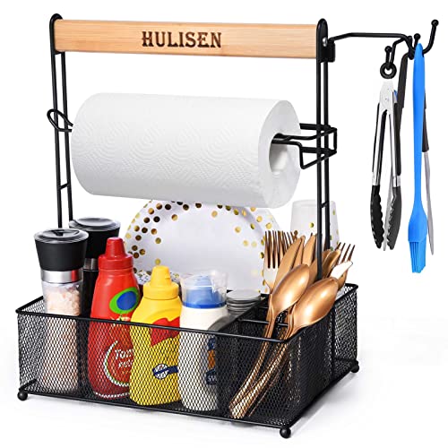 HULISEN Grill Caddy, BBQ Caddy with Paper Towel Holder, Utensil Caddy for Plates and Utensils, Picnic Condiments Caddy for Barbucue Griddle Accessories, Outdoor Camper Camping RV Backyard Must Have - Grill Parts America