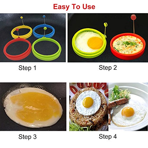 Silicone Egg Rings Round - NUIBY Non Stick Fried Egg Mold - Pancakes Maker Molds - Breakfast Egg Sandwich Cooker Maker - 4 Pack 4 Color, with Bonus 1 Spray Brush or 2 Egg Poachers or Both - Grill Parts America