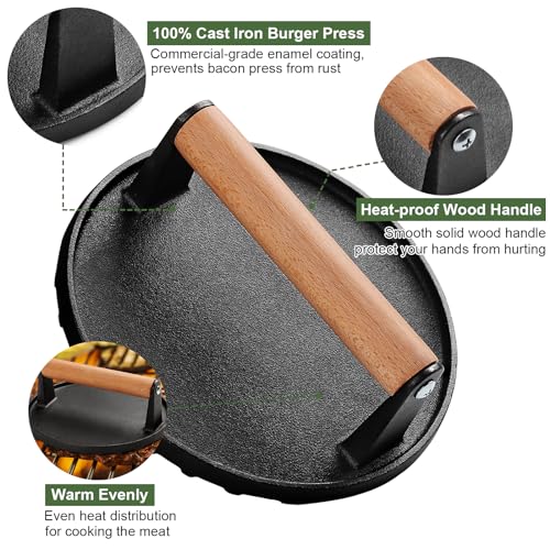 EWFEN Burger Press, 7" Round Heavy-Duty Cast Iron Smash Bacon Press Meat Steak with Wood Handle for Griddle, Sandwich, Nonstick Pan - Grill Parts America